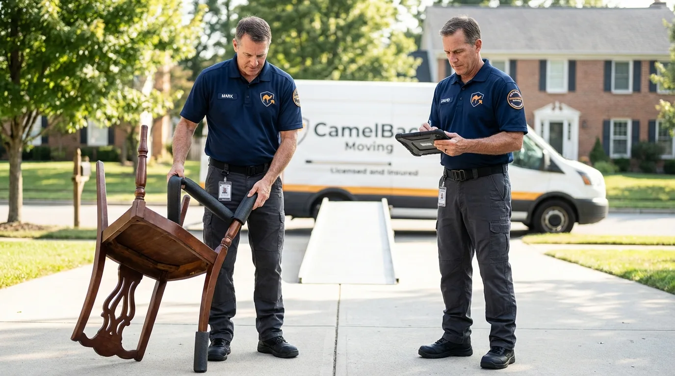 Movers inspecting furniture for damage prevention before loading in Quincy, MI