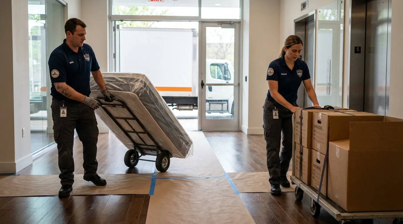 Professional apartment movers loading elevator in Quincy, MI