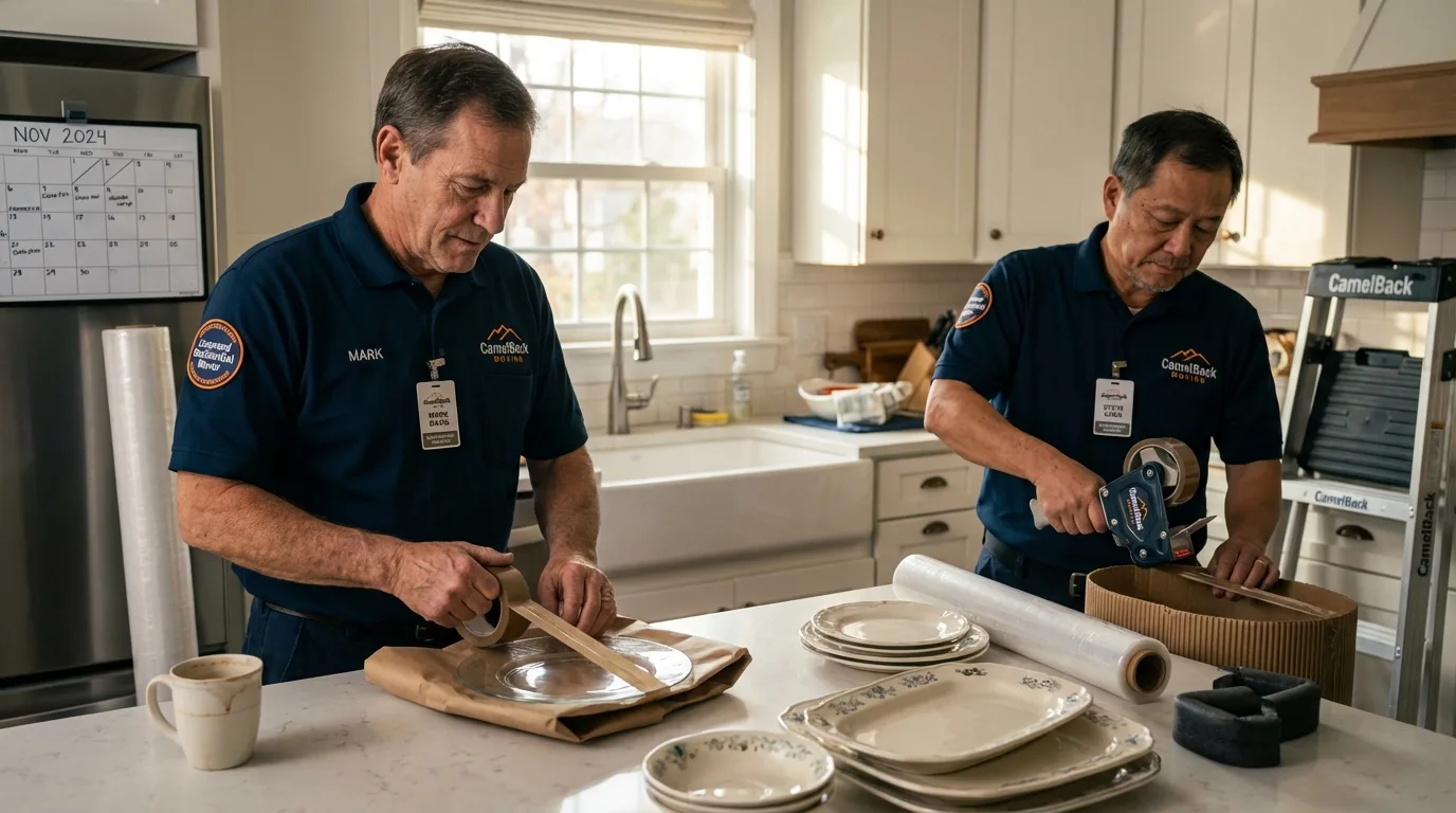 Professional crew packing kitchen dishware in Quincy, MI